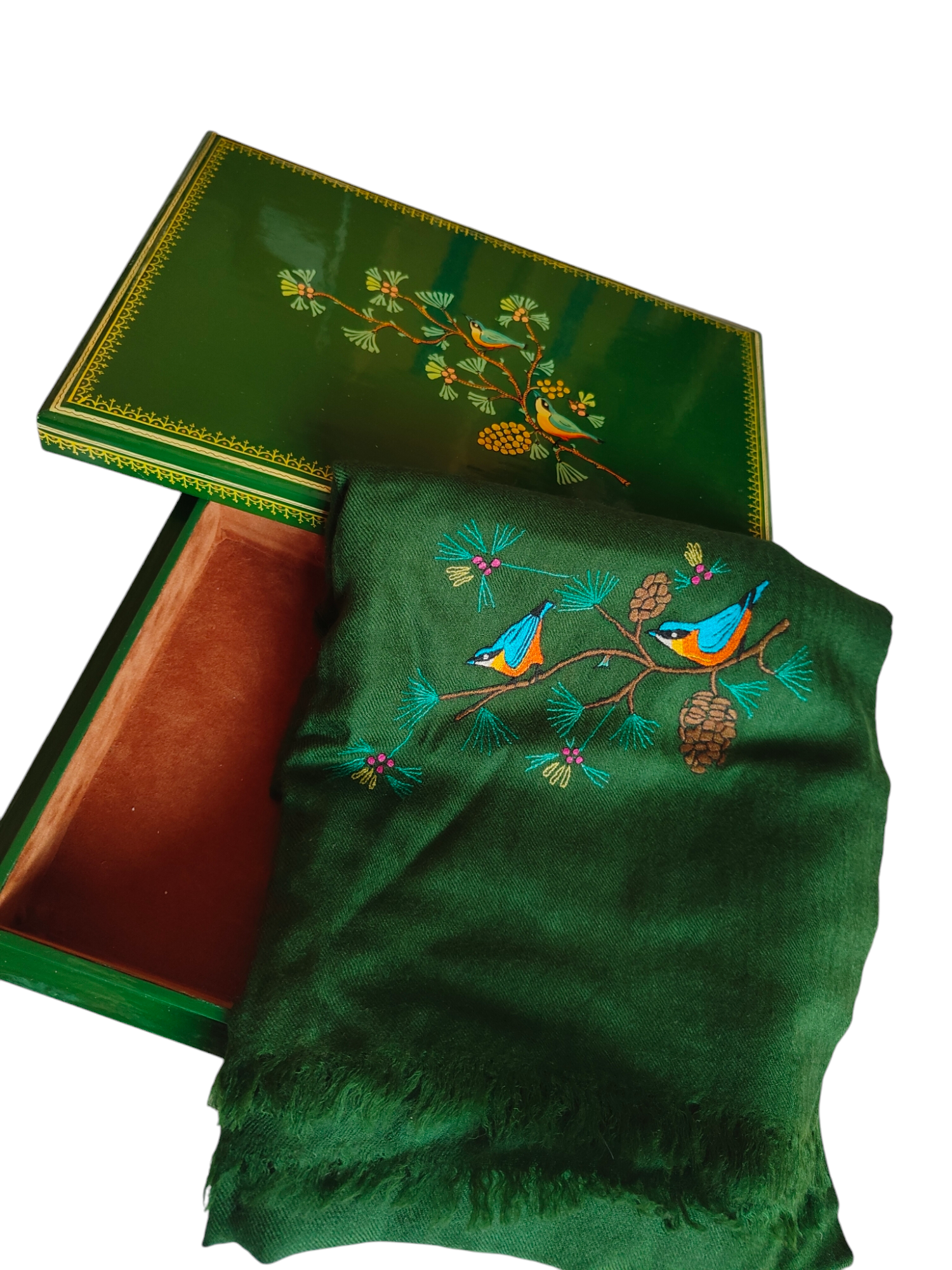 Blue Bird in Green-Birds of Kashmir-Merino wool stole