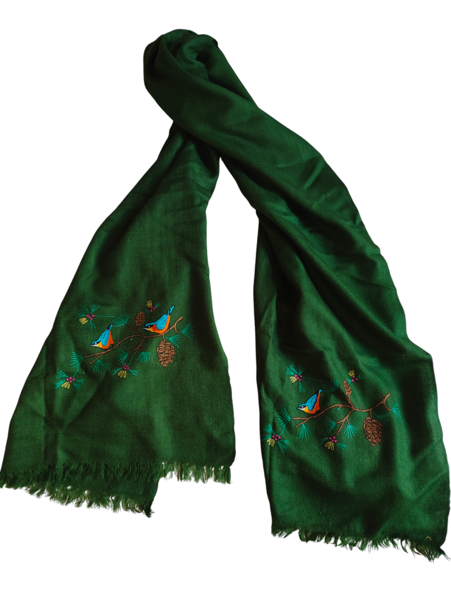 Blue Bird in Green-Birds of Kashmir-Merino wool stole