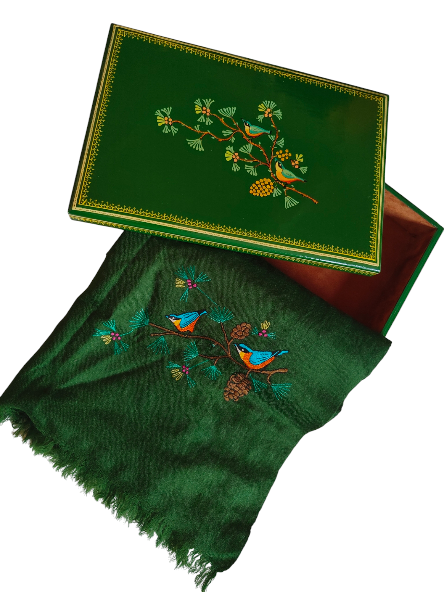 Blue Bird in Green-Birds of Kashmir-Merino wool stole