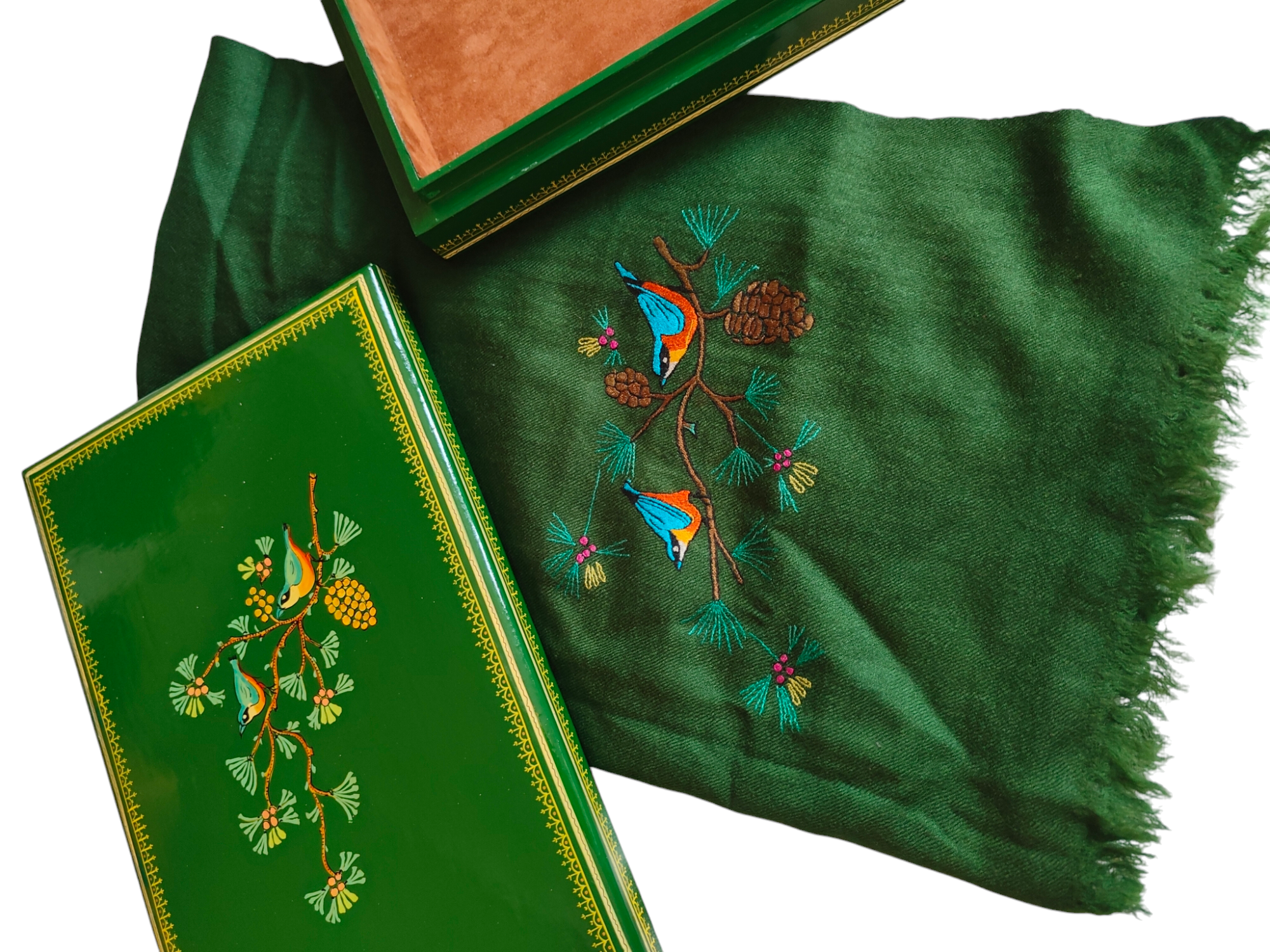 Blue Bird in Green-Birds of Kashmir-Merino wool stole