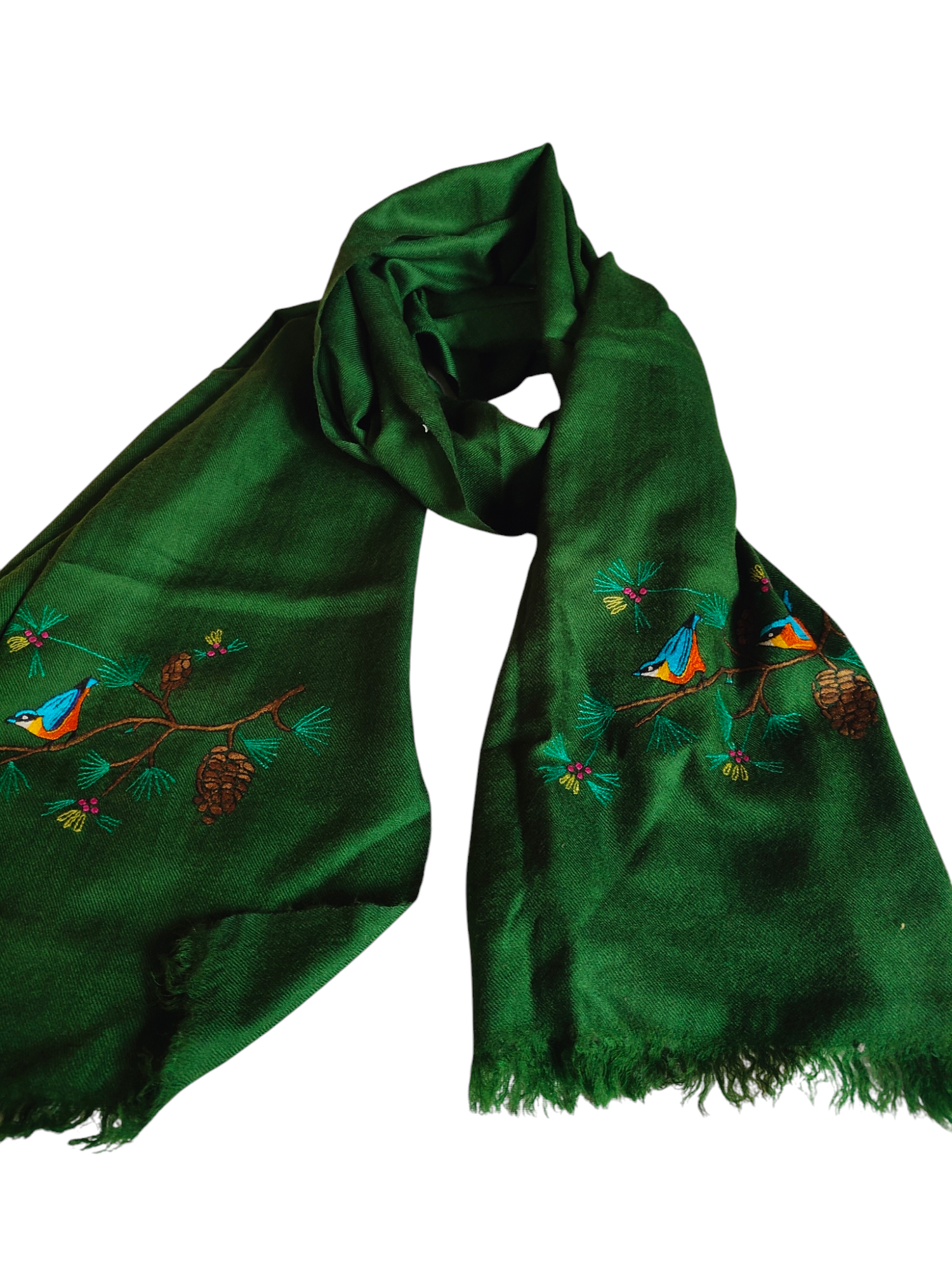 Blue Bird in Green-Birds of Kashmir-Merino wool stole