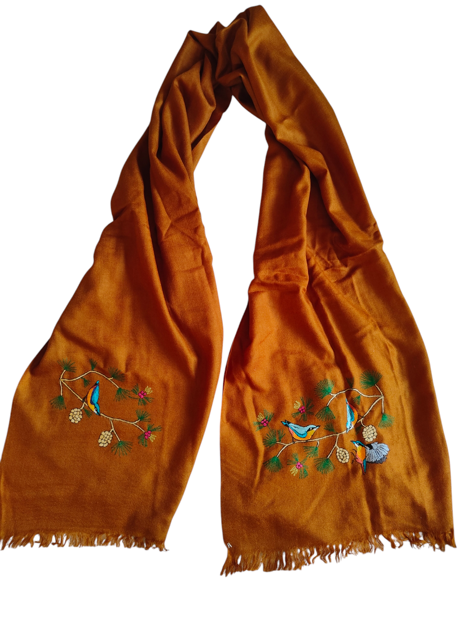 Blue Birds in Rust-Birds of Kashmir-Merino Wool Stole