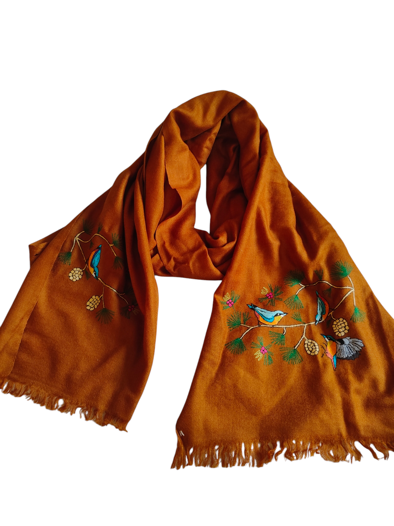 Blue Birds in Rust-Birds of Kashmir-Merino Wool Stole