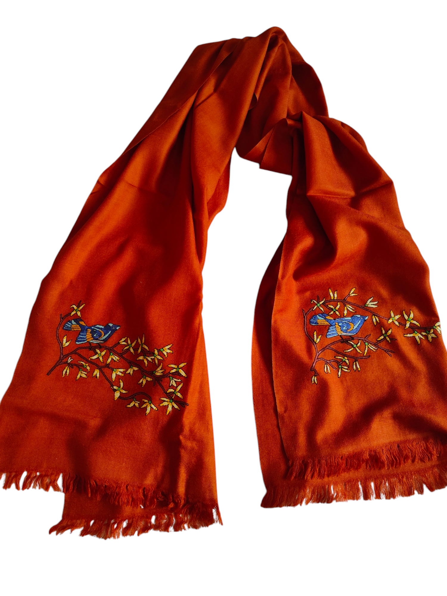 Blue Bird in Rust Orange-Birds of Kashmir-Merino Wool Stole