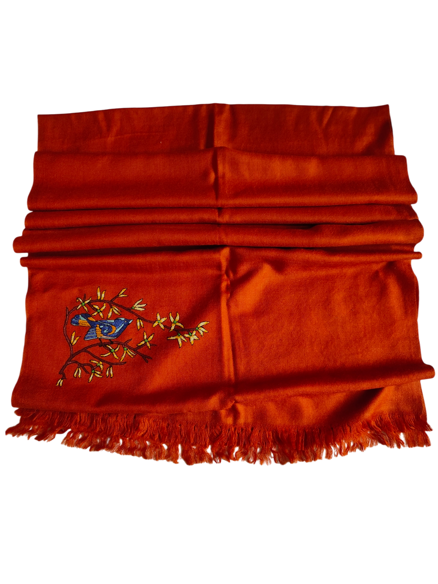 Blue Bird in Rust Orange-Birds of Kashmir-Merino Wool Stole