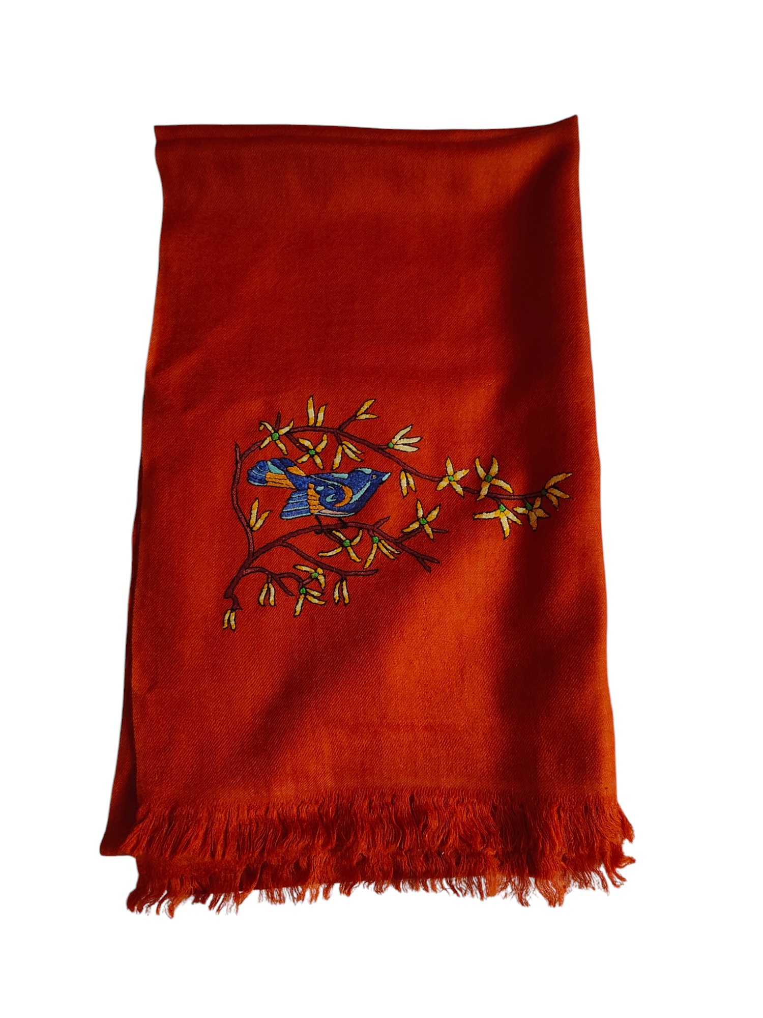 Blue Bird in Rust Orange-Birds of Kashmir-Merino Wool Stole