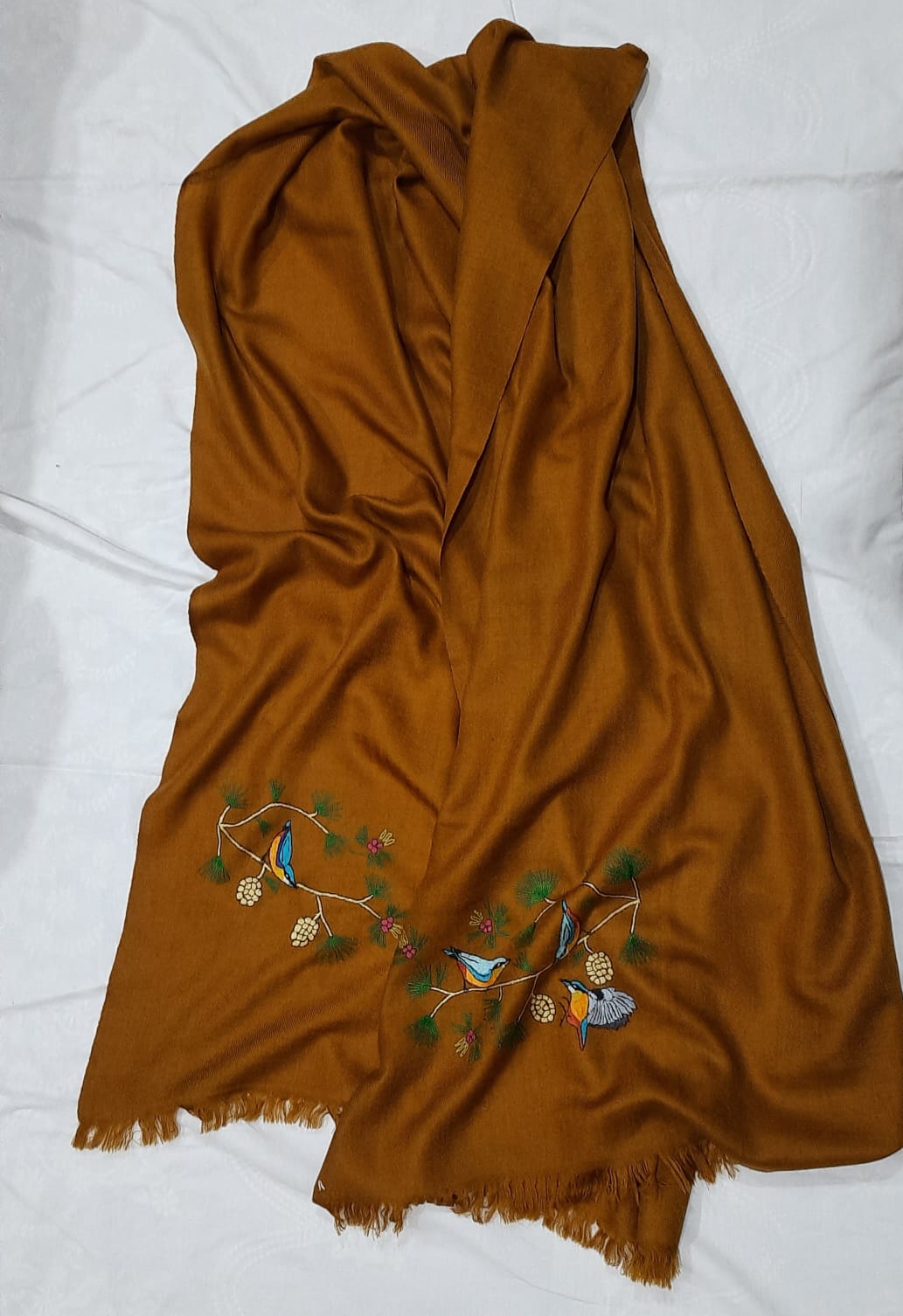 Blue Birds in Rust-Birds of Kashmir-Merino Wool Stole