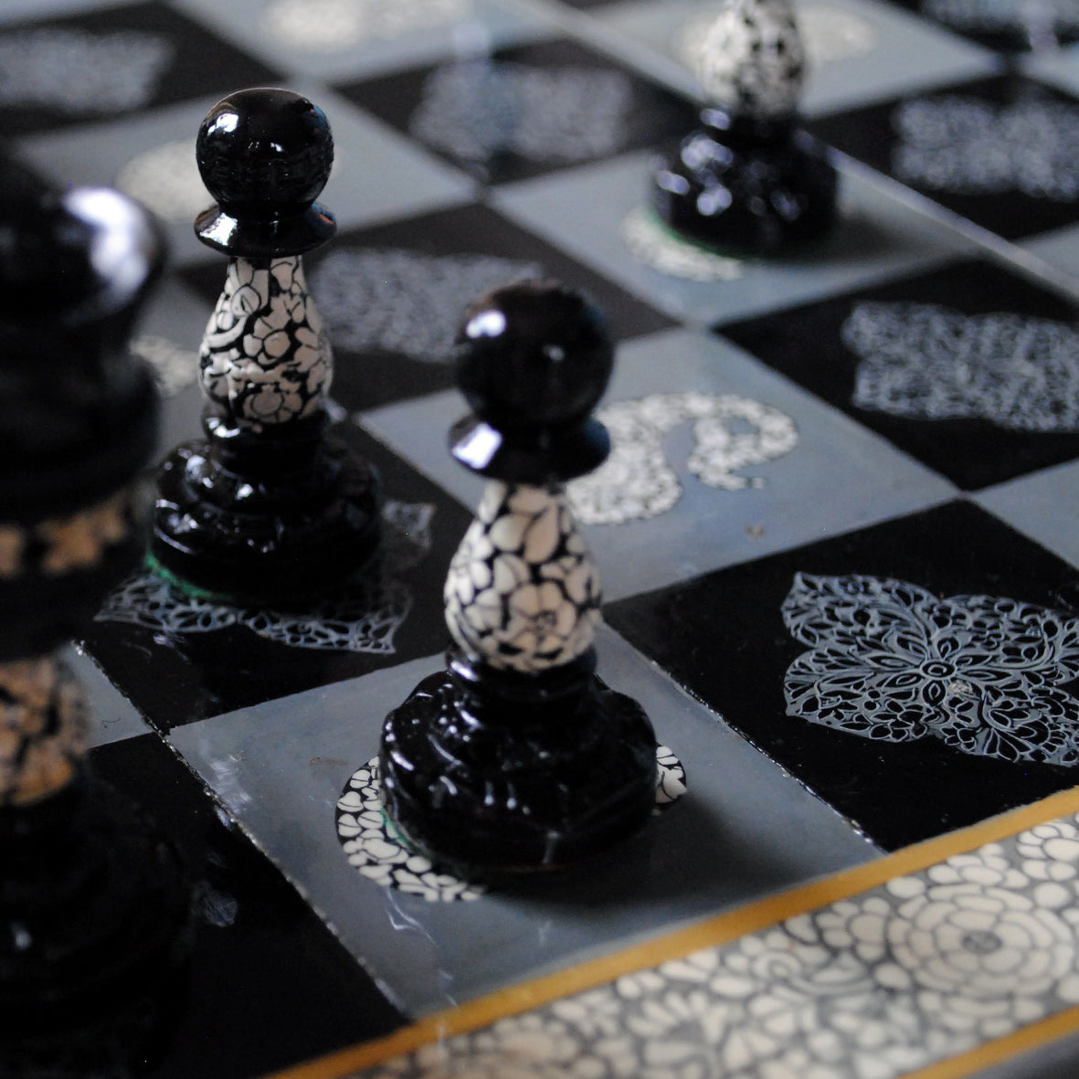 Hand-painted, Papier Mache Chess Sets - Black and Grey