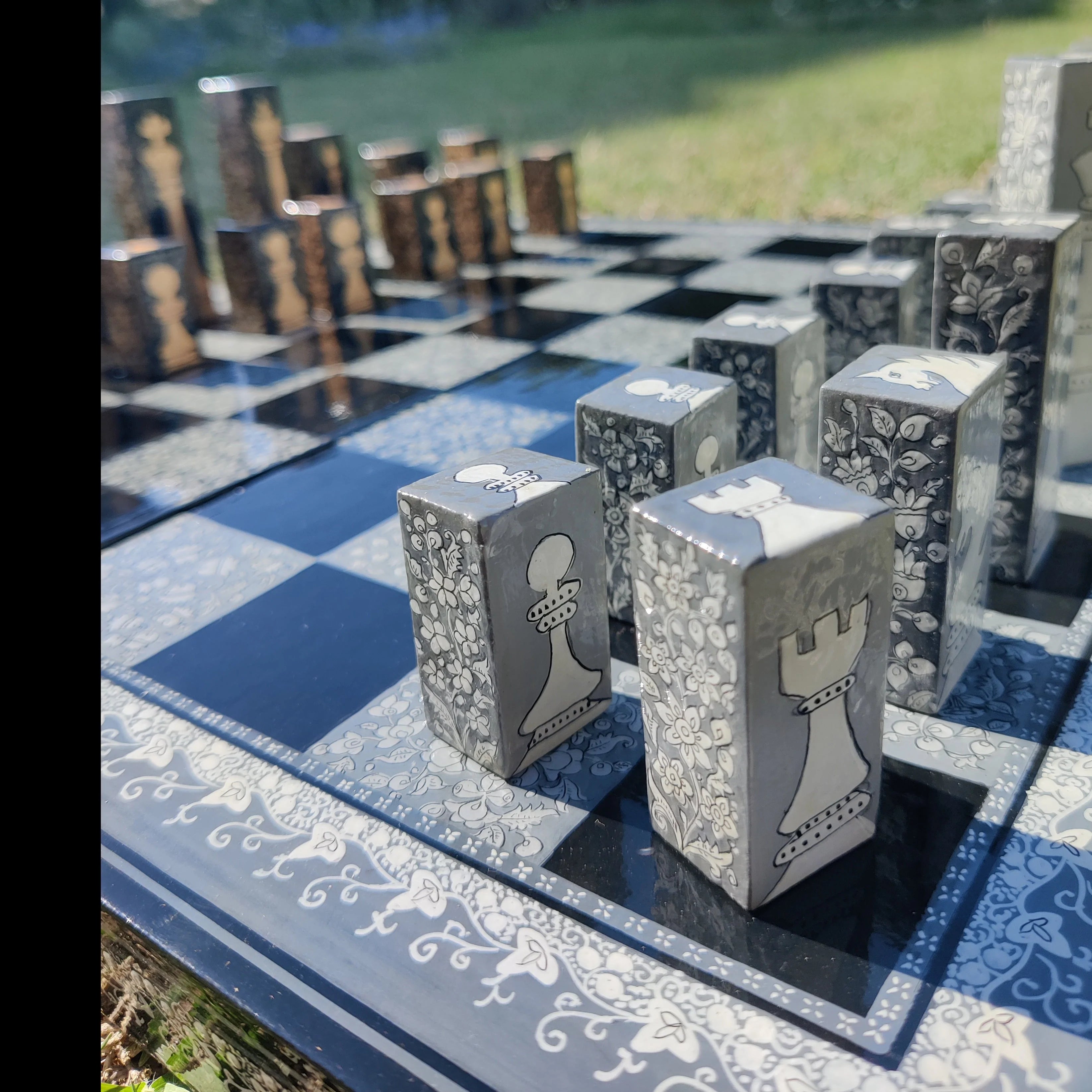 Hand-painted, Papier Mache Chess Sets - Black and Grey