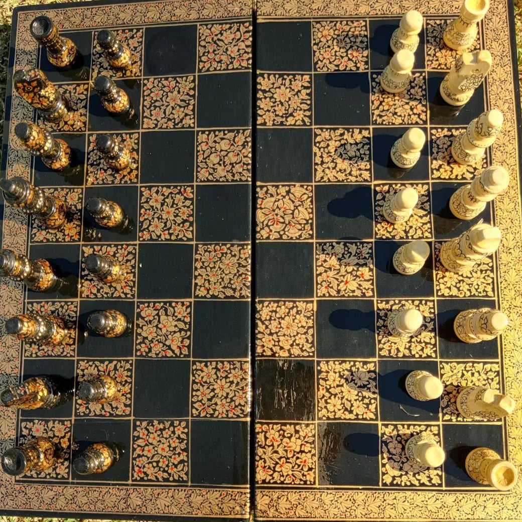 Hand-painted, Papier Mache Chess Sets - Black and Gold