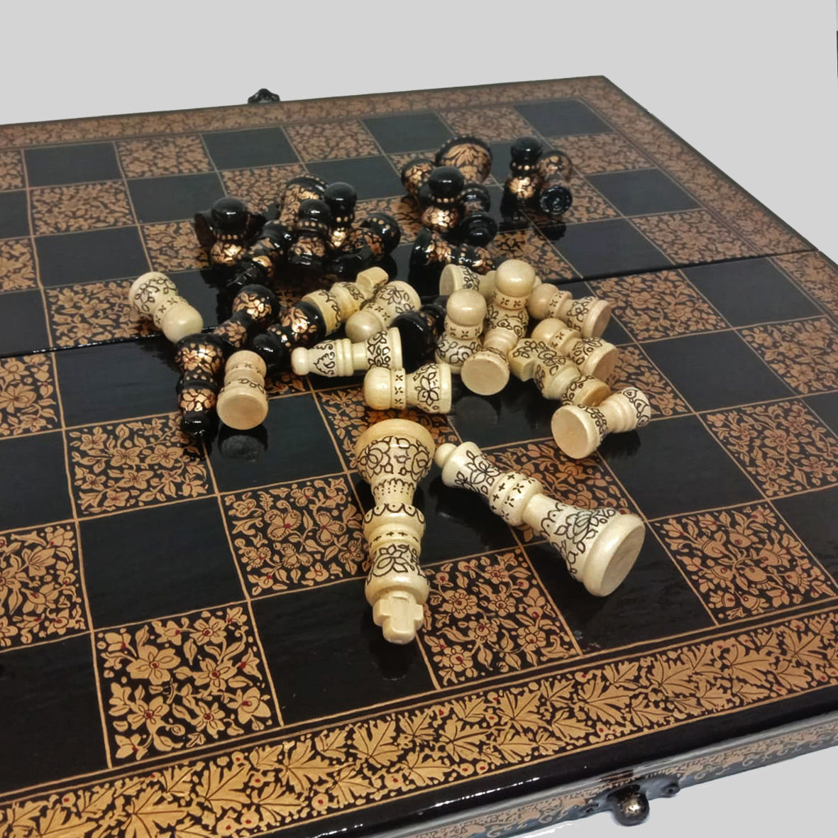 Hand-painted, Papier Mache Chess Sets - Black and Gold
